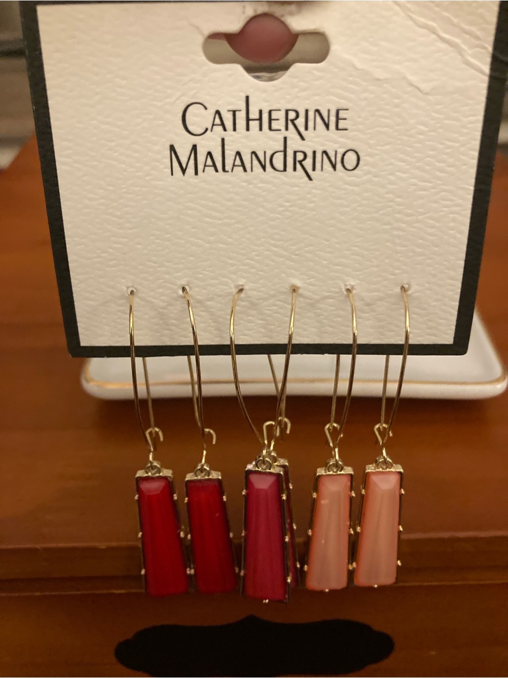 Catherine Malandrino Gold Hoop Earrings with Red & Pink Rectangular Stones set